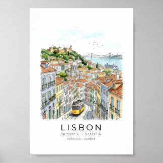 Poster Paysage urbain de Lisbonne dans le style aquarelle