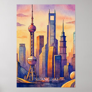 Poster Paysage urbain de Shanghai Chine Voyage Aquarelle 