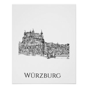 Poster Paysage urbain de Würzburg en Bavière, art linéair