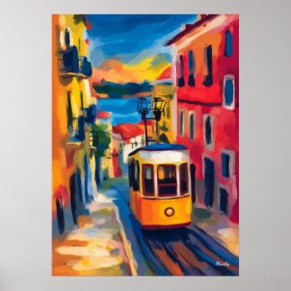Poster Paysage urbain fauviste de Lisbonne, Alfama coloré