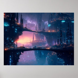 Poster Paysage urbain futuriste au crépuscule