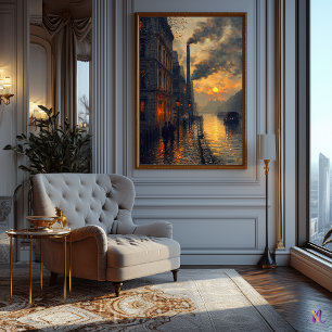 Poster Paysage urbain industriel au coucher du soleil de 