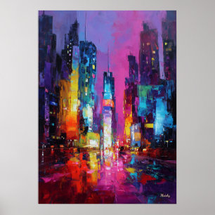 Poster Paysage urbain nocturne néon de Tokyo expressionni