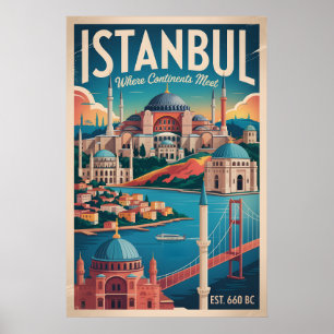 Poster Paysage urbain rétro d'Istanbul Turquie Voyage