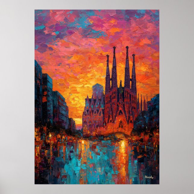 Poster Paysage urbain vibrant d'une Barcelone expressionn (Devant)