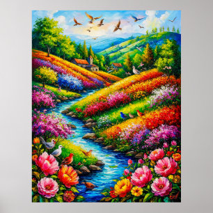 Poster Paysage vibrant avec des fleurs épanouies