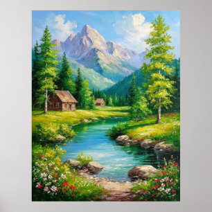 Poster Paysage Vivant Avec Montagnes, Scène de Rivière