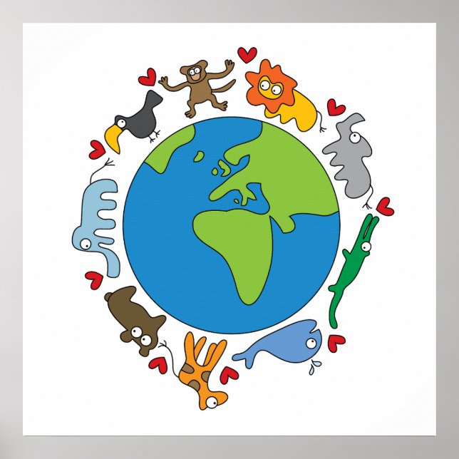 Poster Peace And Love Cute Cartoon Animaux du monde (Devant)