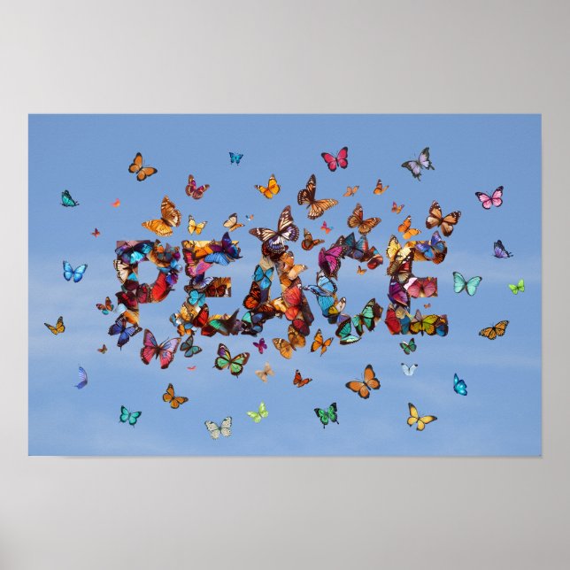 Poster PEACE Blue Sky Butterflies | Motivational Hope Art (Devant)