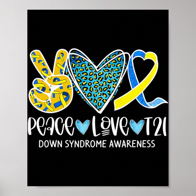 Poster Peace Love Cure Bleu & Jaune Ribbon Down Syndrome (Devant)