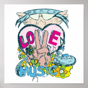 Poster peace love musique rétro hippie vectorielle art