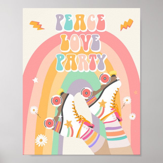 Poster Peace Love Party Roller Patinage Retro (Devant)
