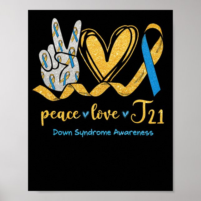 Poster Peace Love T21 Blue Yellow Ribbon Down Syndrome (Devant)