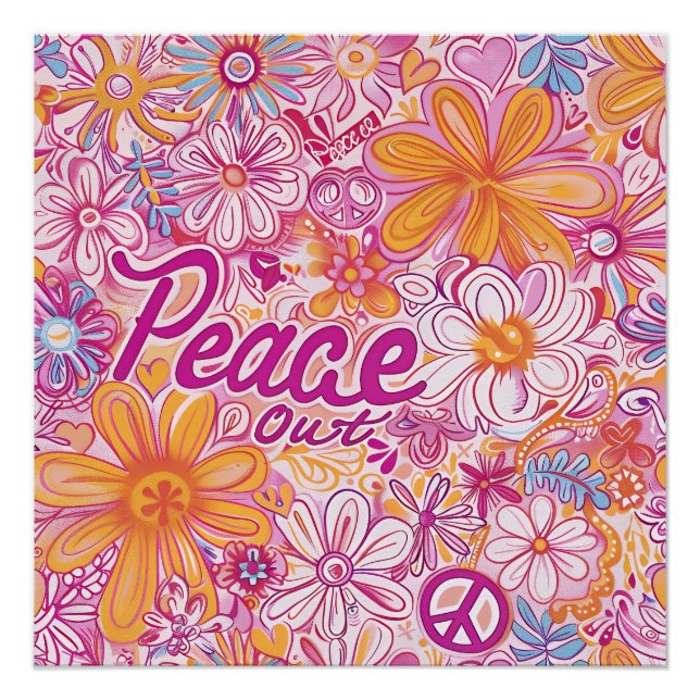 Poster Peace Out Hippie Floral Peace Sign Retro Pattern (Devant)