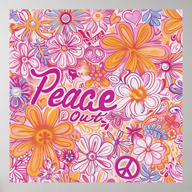Poster Peace Out Hippie Floral Peace Sign Retro Pattern (Devant)