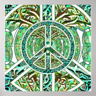 Poster Peace Symbol, Yin Yang, Tree of Life in Green