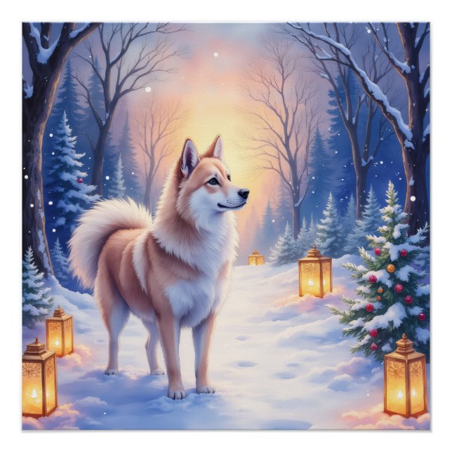 Poster Peaceful Akita on Snow Lantern Path Christmas Dog  (Devant)