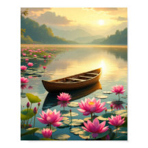 Peaceful Lake Sunset With Boat And Flowers