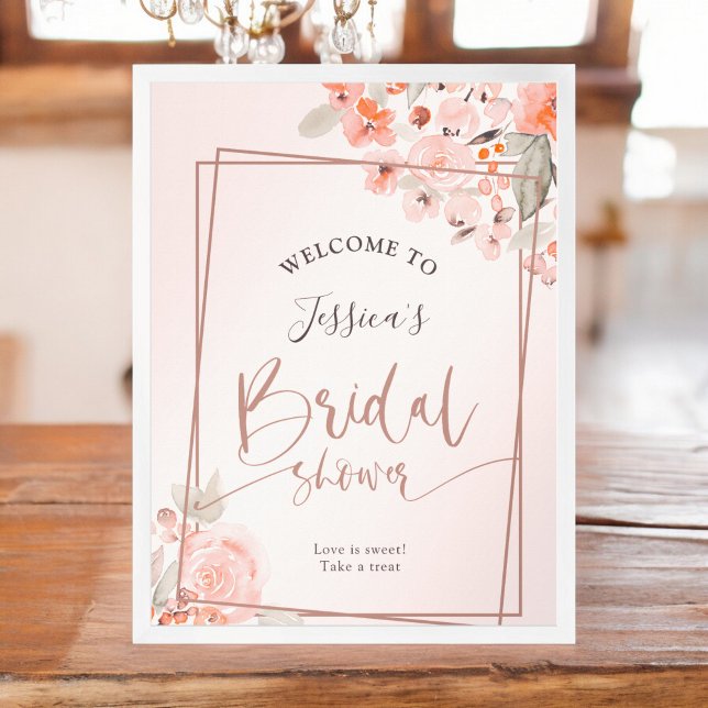 Poster Peach floral rose or accueil douche nuptiale (Peach floral rose gold welcome bridal shower poster)