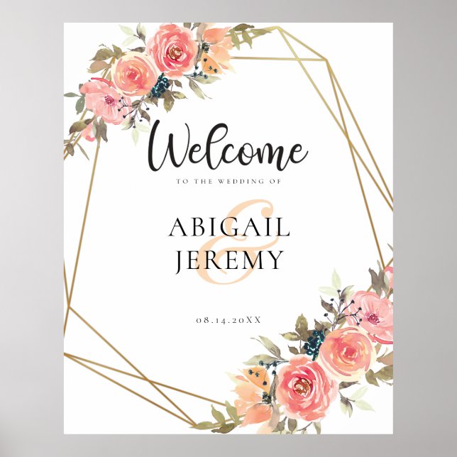 Poster Peach Florals rose Or Frame Mariage Bienvenue (Devant)