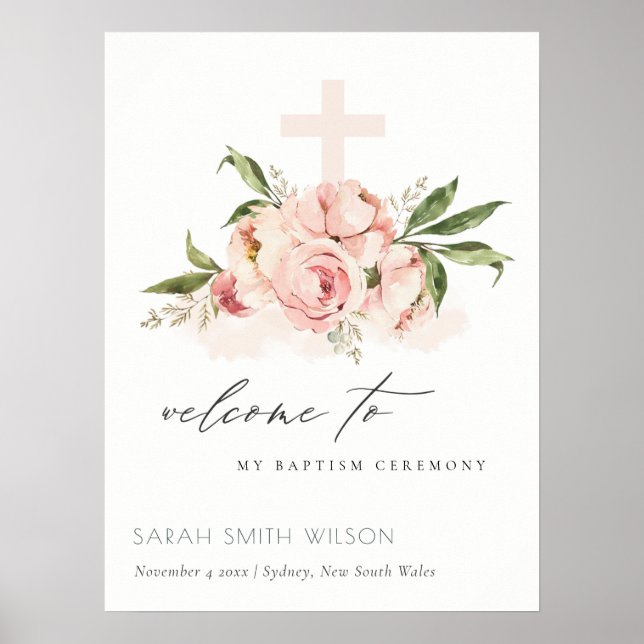 Poster Peach Peony Floral Cross Bunch Baptism Bienvenue (Devant)