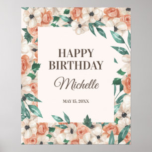 Poster Peach Rose Blanc Floral Bonne fête d'anniversaire