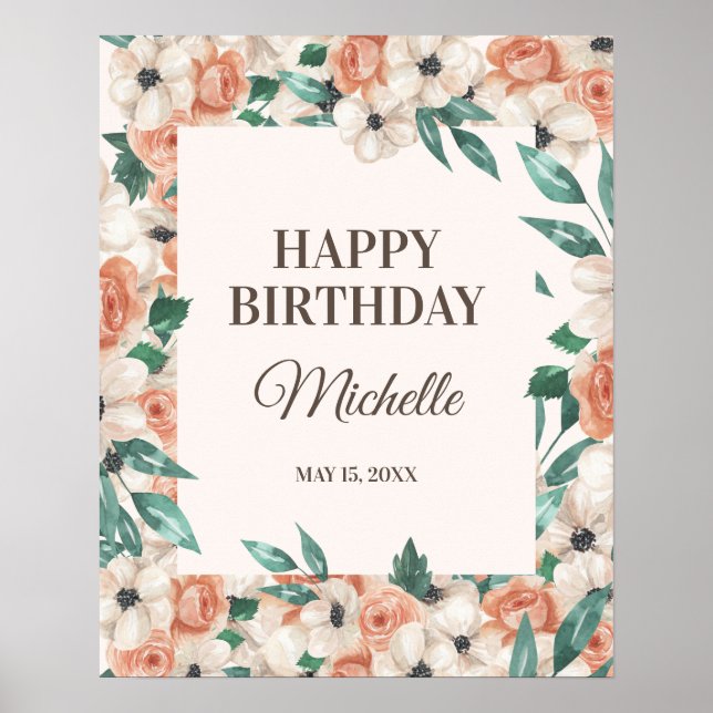 Poster Peach Rose Blanc Floral Bonne fête d'anniversaire (Devant)