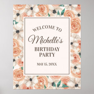 Poster Peach Rose Blanc Floral Fête d'anniversaire Bienve