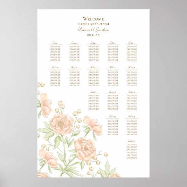 Poster Peach Rose Wedding Seating Chart (Devant)