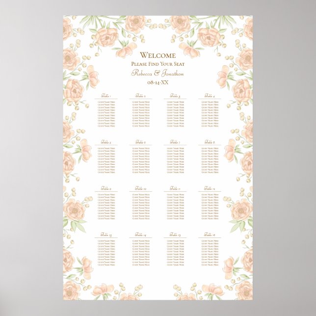 Poster Peach Rose Wedding Seating Chart (Devant)