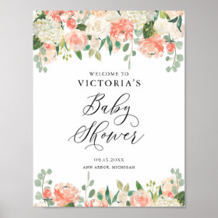 Poster Peach Roses and Hydrangeas Baby Shower Welcome