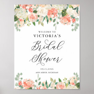 Poster Peach Roses and Hydrangeas Bridal Shower Welcome
