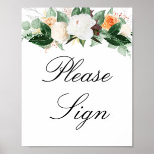 Poster Peach Watercolor Floral S'il vous plaît signer Mar