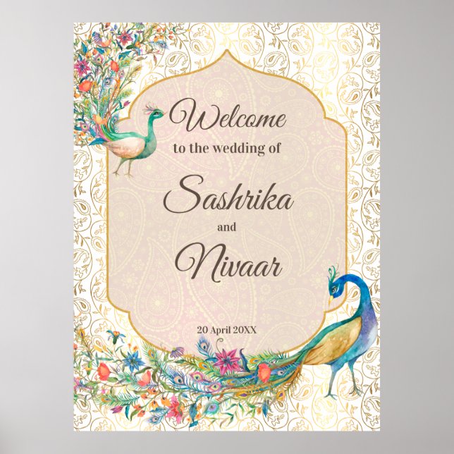Poster Peacock Arabe motif Indien mariage bienvenue (Devant)