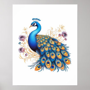 Poster Peacock Avec Fleurs Violettes