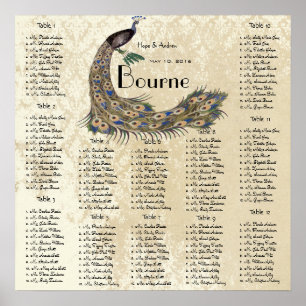 Poster Peacock Damask Wedding Seating Chart 12 Tables