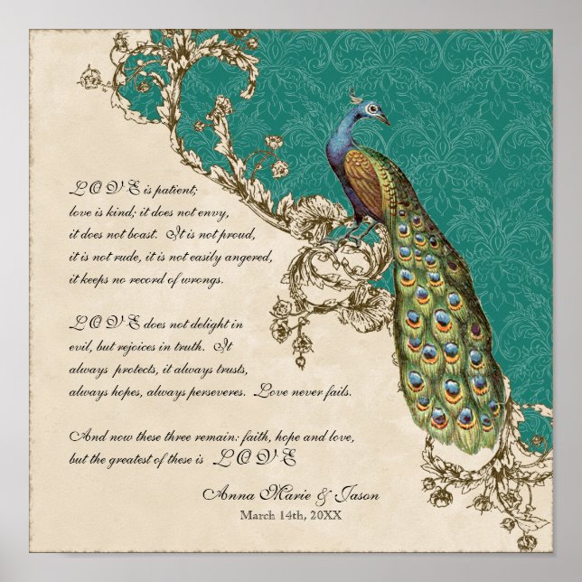 Poster Peacock & Etchings vintages - Mariage Personnalisé (Devant)