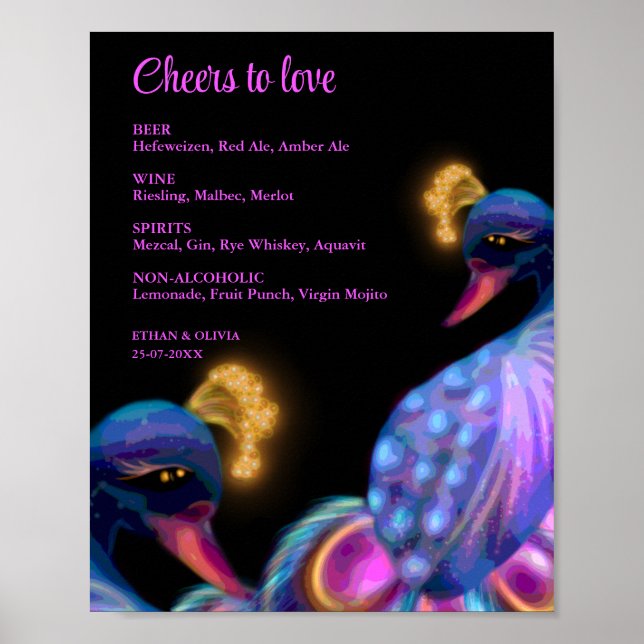 Poster Peacock Jewel Tones Mariage boissons panneau du me (Devant)