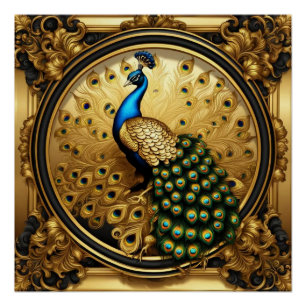 Poster Peacock or et cadre ornemental noir