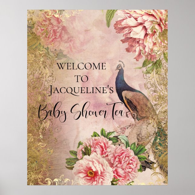 Poster Peacock Peony Floral Blush Or Rose Découpage Tite (Devant)