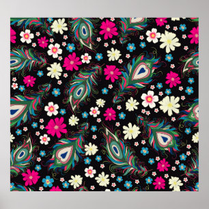 Poster Peacock Plumes Broderie Motif sans fil