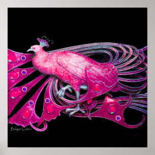 Poster PEACOCK, rose, fuchsia, bleu violet noir