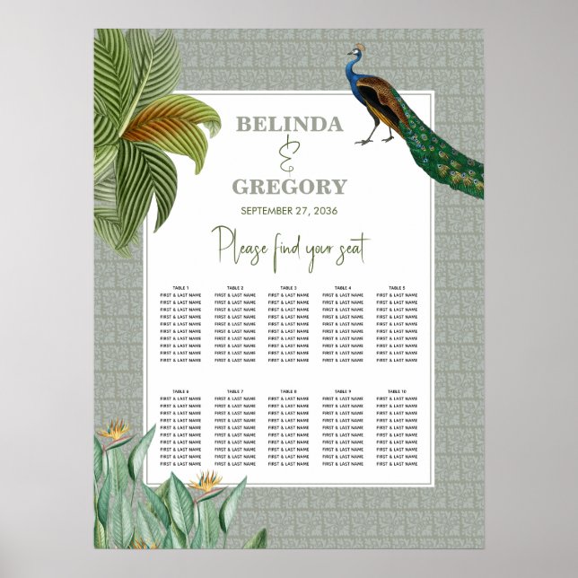 Poster Peacock Tropical Green Graphique Mariage assis (Devant)