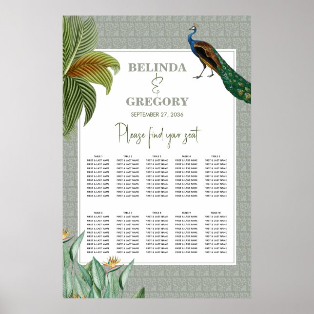 Poster Peacock Tropical Green Graphique Mariage assis (Devant)