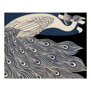 Poster Peacock Vintage Bleu Art Nouveau