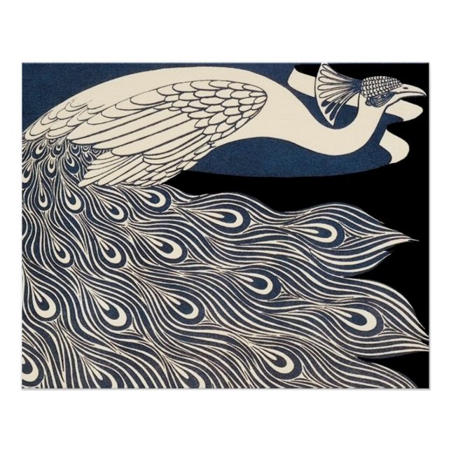 Poster Peacock Vintage Bleu Art Nouveau (Devant)