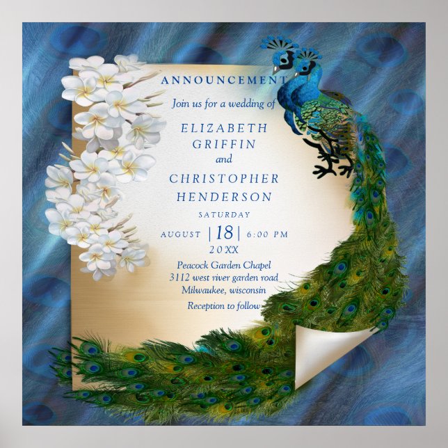 Poster Peacocks bleu-vert métallique sur soie vert émerau (Devant)