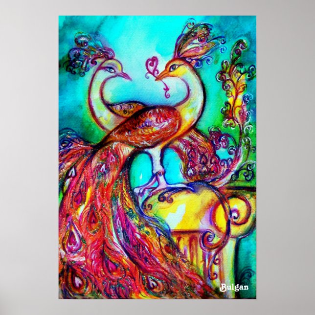 Poster PEACOCKS EN AMOUR, Rouge Jaune Turquase Bleu (Devant)