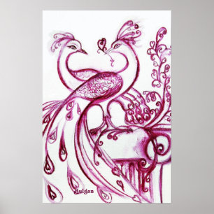 Poster PEACOCKS IN LOVE, Red and White