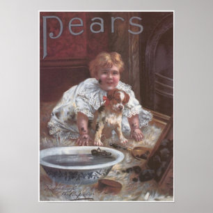 Poster Pears Soap Girl Washing Chien
